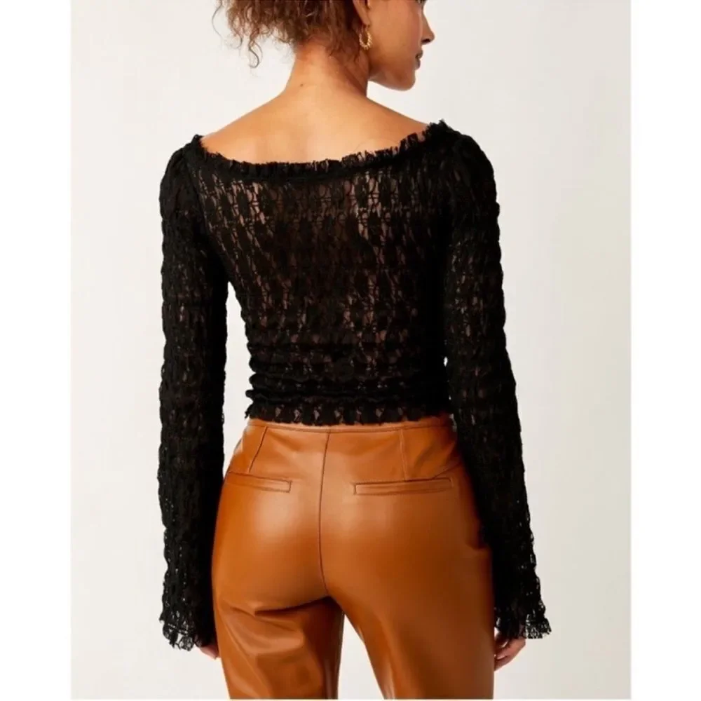 free people XS-S Madison Black Hook Eye Cropped Bell Sleeve Lace Top